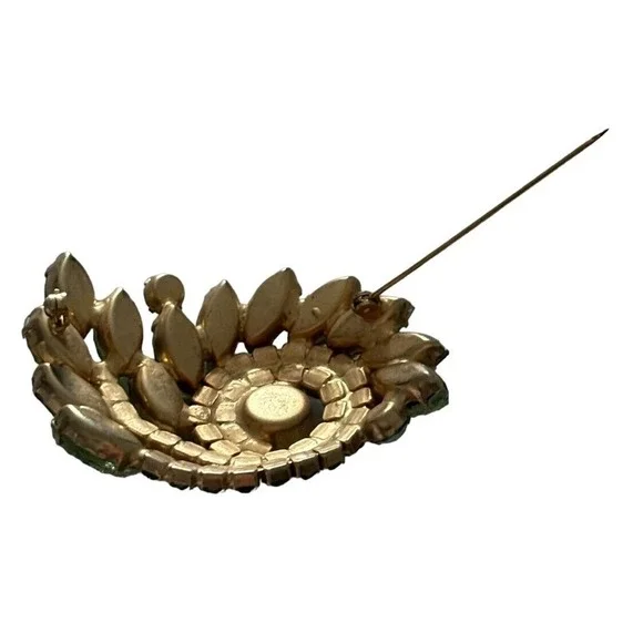 Vintage Multicolored Green Rhinestone Crystal Marquise Brooch Pin Mid Century - Picture 5 of 9